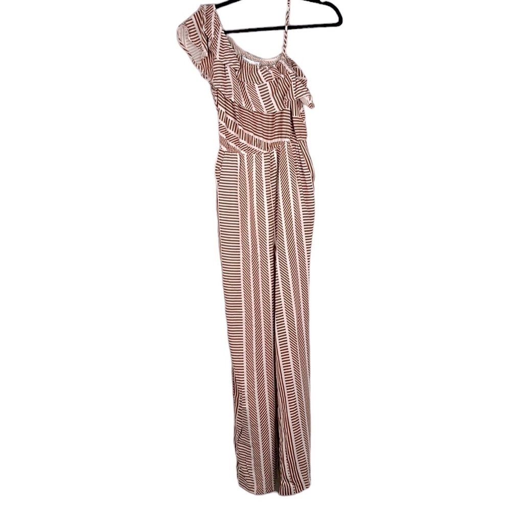 Lush Boho Summer Rust & White Striped One Shoulder Ruffle Jumpsuit Size Small